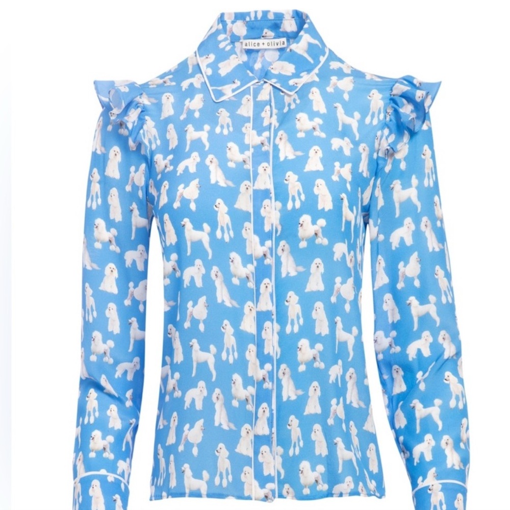 Alice + Olivia Zimmer Blue
Poodle Ruffle Silk Print Blouse 🐩